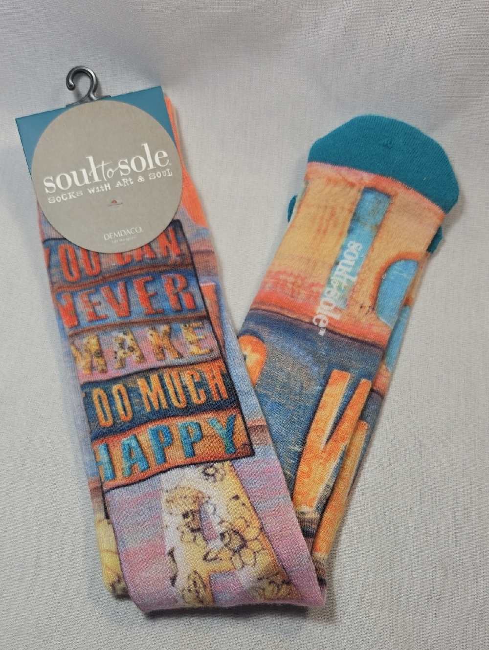 Soul to Sole NWT Never Too Much Happy Art Socks Knee High Coral Teal